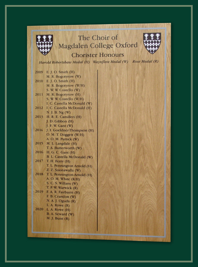 Recipients of Chorister awards in black lettering on oak natural honours board.