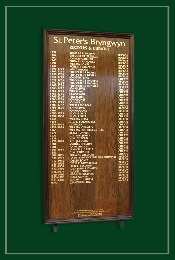 An oak honours board listing Rectors and Curates of St Peter's Church.
