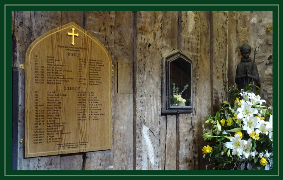 This honours board in oak natural can be seen at Little Malvern Priory.