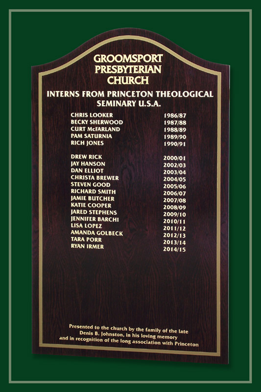 A Presbyterian church lists visiting interns from a Theological Seminary on this mahogany coloured honours board.