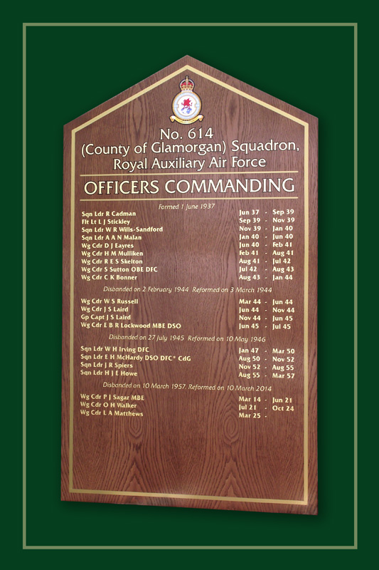 Royal Air Force 614 Squadron Commanding Officers honours board.