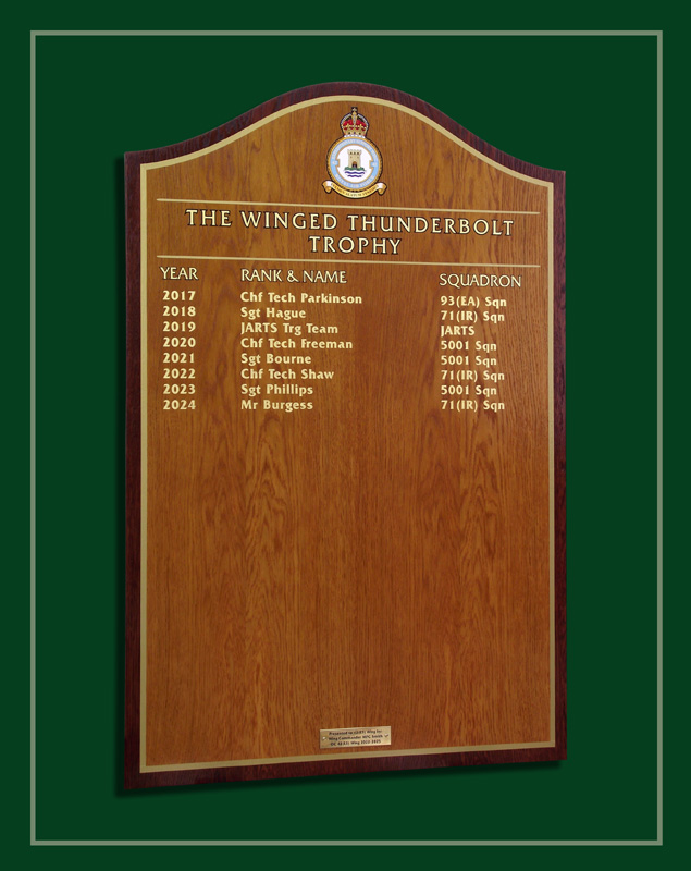 Trophy winners honours board produced for the RAF.