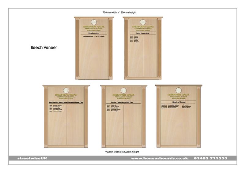 Client visual produced for Sherborne Prep School in Qatar showing five beech honour boards