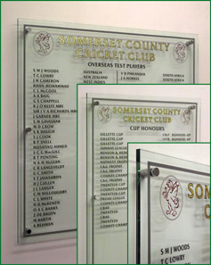 International players and cup honours displayed on Perspex honourboards at Somerset Cricket Club