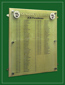 St Aidan's JCR Presidents listed on a Perspex panel mounted on ash backing board