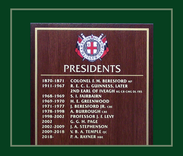 A close up view the Presidents honours board and club logo.