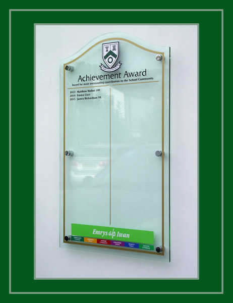An imitation glass effect school honours board made from acrylic.