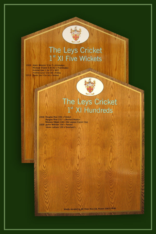 Ash honours board displaying hundreds and fifers at the Leys Cricket Club.