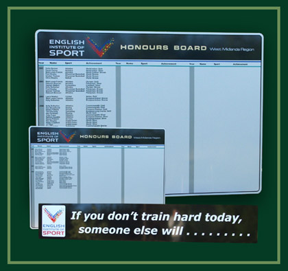 English Institute of Sport aluminium honours board listing winning athletes