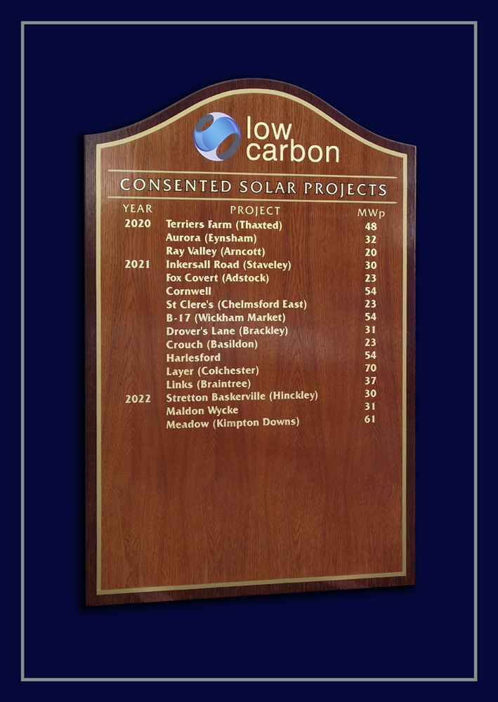 High technology announcement board for low carbon solar power projects.