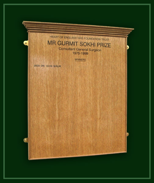 Oak prize winners board for doctors at the NHS Heartlands Hospital in Birmingham