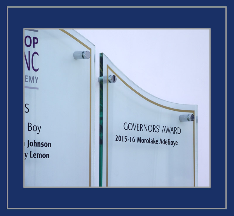 A close up view of the polished chrome stand-off fittings.