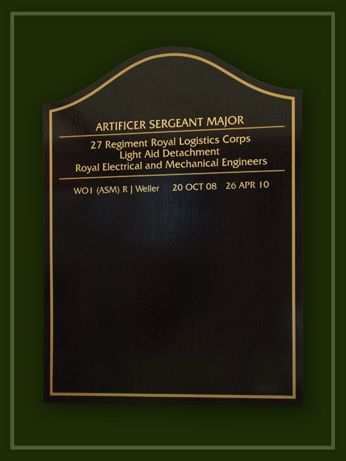 Honours board listing the Mess Presidents of the 19th Regiment of the Royal Artillery