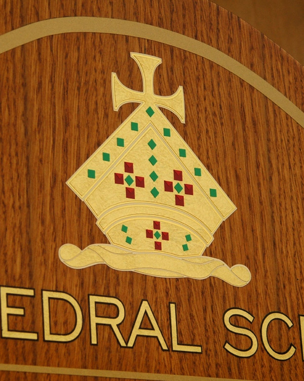 Detail view of a vector cut school logo applied in seven separate layers.