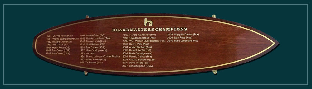 Picture of a surf board shaped honours board to show the names of surfing champions in Cornwall